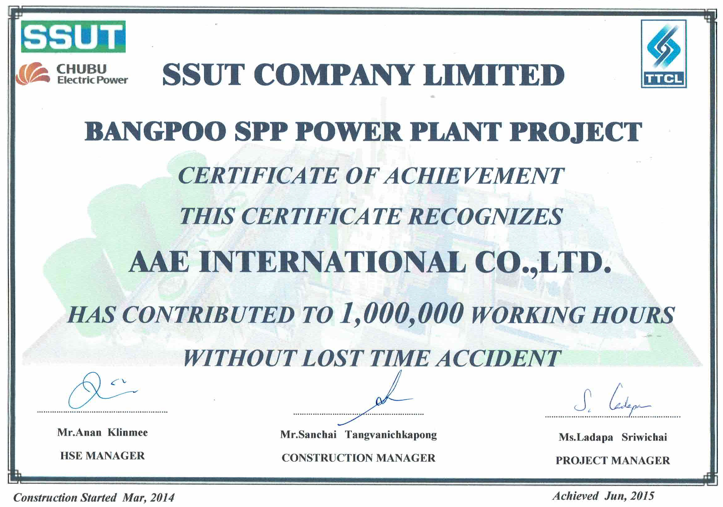 1 Million Safe Man-hours for Bangpoo SPP Power Plant Project